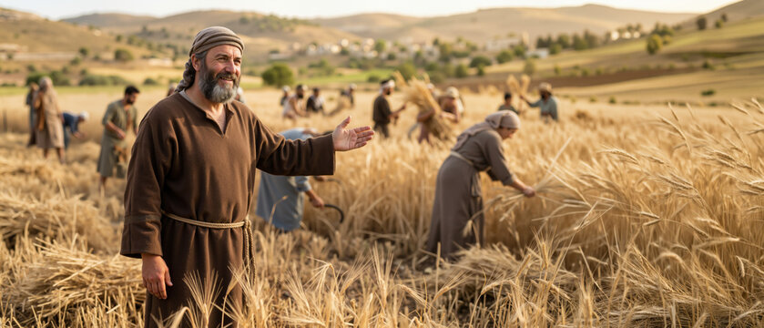 Biblical man in a wheat field. Boaz overseeing the harvest in ancient times. Historical religious scene with workers