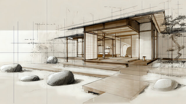 Conceptual Architectural Sketch of a Modern Japanese House with Traditional Garden Elements and Minimalist Design Principles