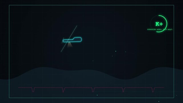 Futuristic digital interface showing potassium level, helicopter tracking, and medical data.