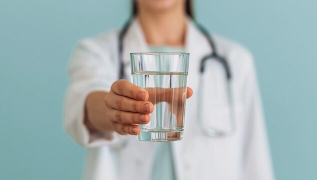Medical professional in lab coat suggesting daily water intake for good health and proper hydration, promoting wellness