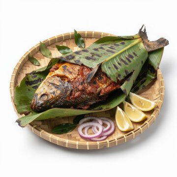 Karimeen Pollichathu on Bamboo Plate Isolated on White Background Square Composition Studio Shot