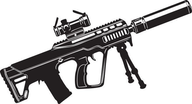 Tactical Sniper Rifle Silhouette with Suppressor and Bipod - Military Bullpup Vector Illustration