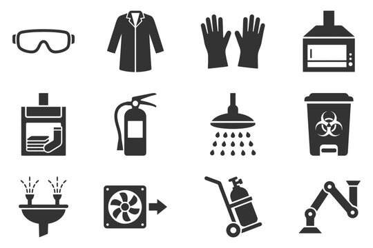 Industrial safety icons: goggles, lab coat, gloves, fire extinguisher, biohazard, ventilation, emergency shower.