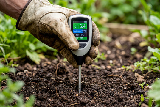 Gardener Testing Soil pH and Moisture with Digital Meter in Vegetable Garden