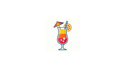 Fototapeta premium Tropical Cocktail Illustration With Umbrella, Orange Slice and Ice in Decorative Glass