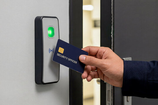 Security Officer Scanning Access Card on Electronic Door Reader for Office Entry