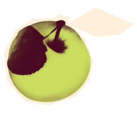 Green apple halftone duotone funny element for collage. Paper cut out summer fruit dotted sticker. Modern retro vector illustration for mixed media isolated on transparent background