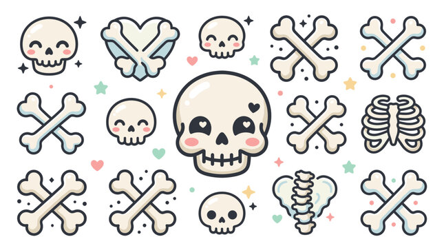 Colorful skulls and bones icons set.