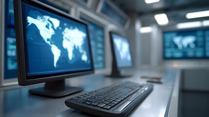 Fototapeta premium A high tech control center workstation featuring multiple monitors displaying global network data and comprehensive system visualizations