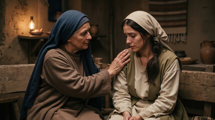 Fototapeta premium Two women in ancient attire comforting each other. Biblical scene of support and empathy in a rustic interior