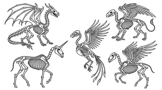Skeletal dragons and winged horses standing.