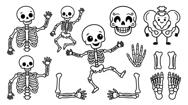 Skeletons dancing happy cartoon bones.