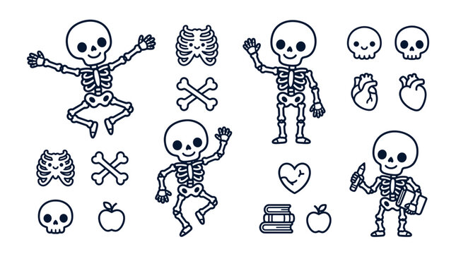 Skeletons dancing with bones and skulls.