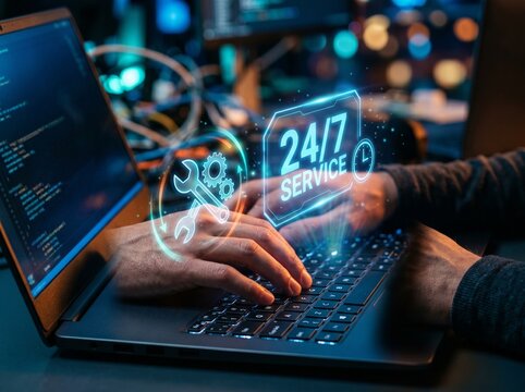 IT support and technical service concept with business professional using laptop, wrench and gear icons, 24/7 service assistance, system maintenance, and customer support technology