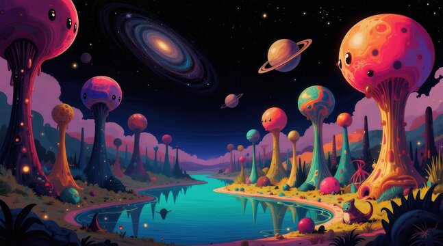 Alien planet landscape with bizarre mushroom trees and weird creatures. A cosmic river reflects colorful sky and galaxy. Fantasy world with strange flora and fauna.