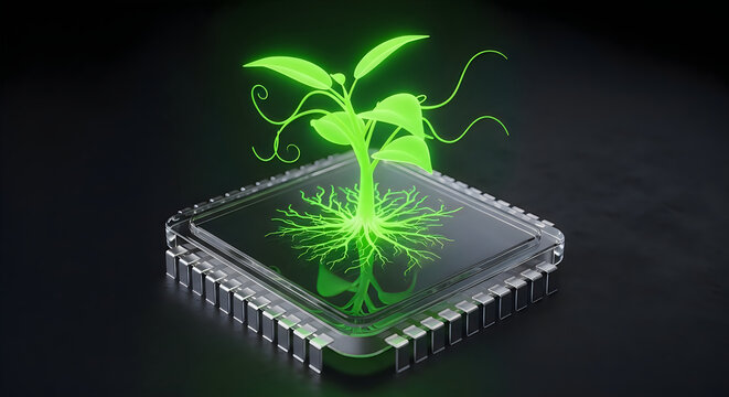 Green sprout growing from a futuristic microchip with roots forming on a dark background plant growth microchip technology innovation computer
