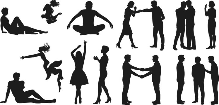 Black human silhouettes collection showing dancing, sitting, jumping, meditating, handshake, conversation, social interaction, expressive poses isolated vector illustration
