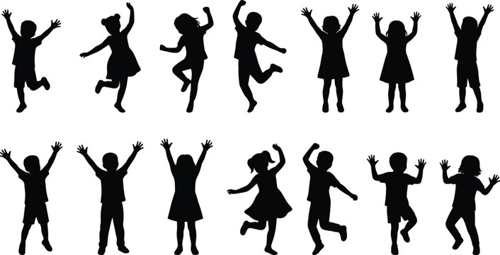 Large collection of happy children silhouettes jumping and dancing with hands raised, group of joyful kids playing together, vector illustration.
