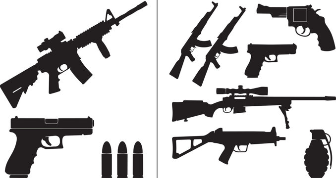 Black firearm silhouettes collection including rifles, pistols, revolvers, sniper rifle, submachine gun, bullets, grenade isolated vector illustration