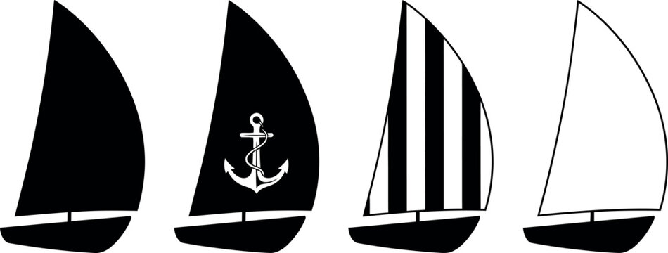 Silhouette of four sailboats with different sail designs on a white background