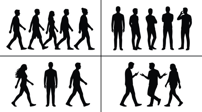 Black human silhouettes collection showing walking, standing, talking, interacting, communication, social behavior, diverse poses, isolated vector illustration design