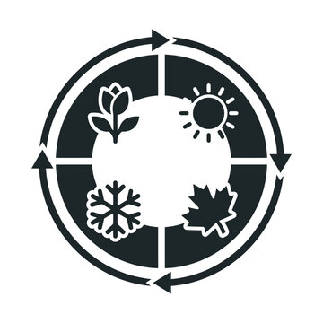 Circular Diagram of Four Seasons Cycle with Plant Sun Leaf Snowflake Icons Showing Spring Summer Autumn Winter