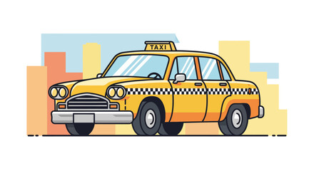 Fototapeta premium A vibrant yellow taxi with a checkerboard pattern is showcased against a backdrop of stylized city buildings, representing urban transportation