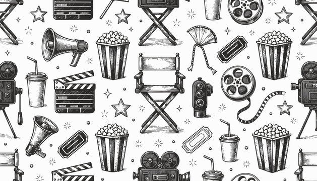 Seamless hand-drawn pattern featuring classic cinema elements like film reels, clapperboards, popcorn, and director's chairs, ideal for movie-themed backgrounds