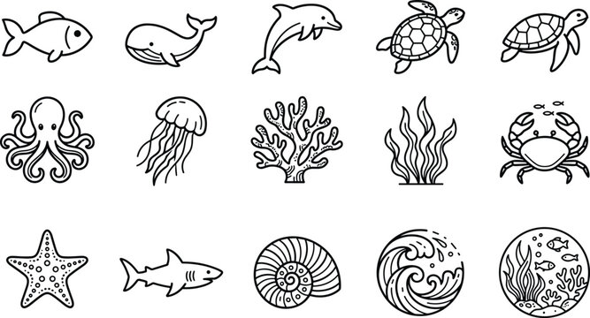 Marine life icons, ocean creature vector, sea animal design, underwater wildlife art, aquatic illustration set - flat vector illustration