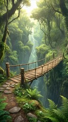 Obraz premium Suspension bridge spanning deep canyon in lush tropical jungle. Wooden walkway leading through misty rainforest landscape with waterfall.