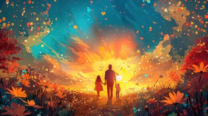 Fototapeta premium Couple holding hands watching vibrant sunset over wildflower field