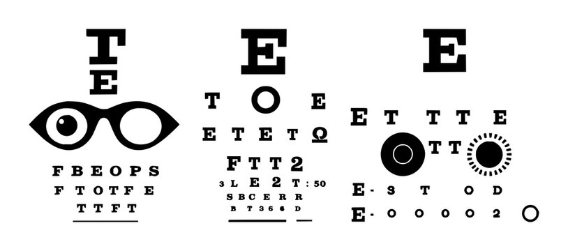 Eye exam chart icon set with bold black shape on white background featuring ophthalmology, vision, diagnostic icons with medical and charting