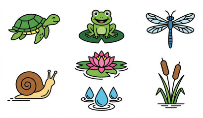 Pond life icon set turtle frog dragonfly snail water lilies vector collection © MdMintu