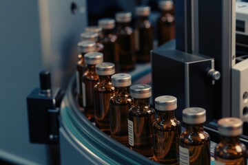 Naklejka premium Glass vials filled with amber liquid move along automated production line in a modern pharmaceutical factory. Bottles are capped and sealed. Liquid is prepared for medical use in healthcare.