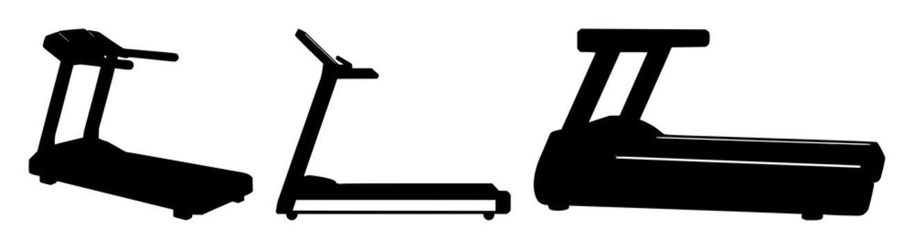 Cardio treadmill icon set with compact solid black silhouette on white background featuring fitness equipment, exercise, machine with minimalist design and wellness