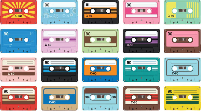 Retro Audio Cassette Tape Collection with Colorful Vintage Music Recording Designs for Nostalgia, Entertainment, and Classic Media Illustrations