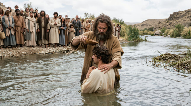 John the Baptist baptizing a man in the Jordan River. Biblical scene with a crowd of followers on the riverbank