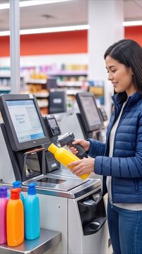 Retail customer scanning yellow bottle at self-checkout kiosk. Modern shopping experience in a supermarket setting.