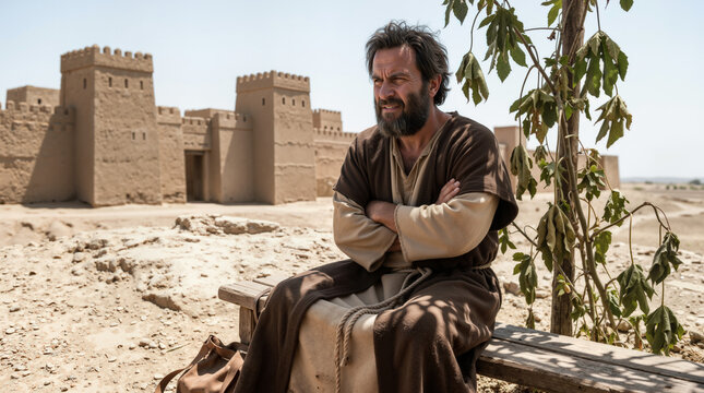 Biblical prophet Jonah sitting outside the walls of Nineveh. Middle eastern man in ancient robes looking frustrated. Religious historical scene