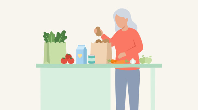 Elderly woman unpacking groceries with fresh fruits and vegetables