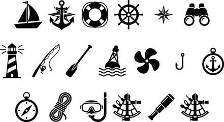 Nautical icon silhouette illustration set, eighteen unique black designs showing sailing, fishing, navigation, and ocean exploration tools - flat vector illustration © TOMSINA