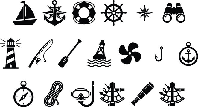 Nautical icon silhouette illustration set, eighteen unique black designs showing sailing, fishing, navigation, and ocean exploration tools - flat vector illustration