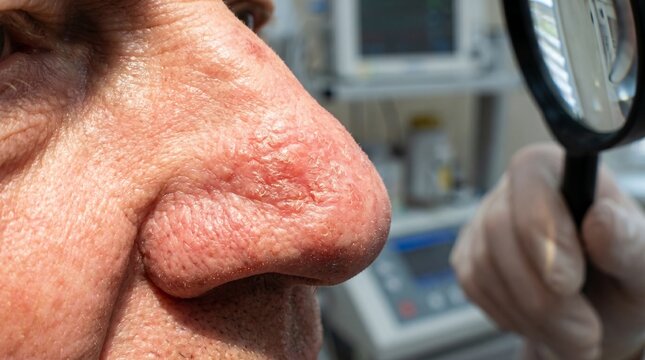 Close-up macro of an elderly man's nose with a scaly reddish lesion indicating early stage squamous cell carcinoma.