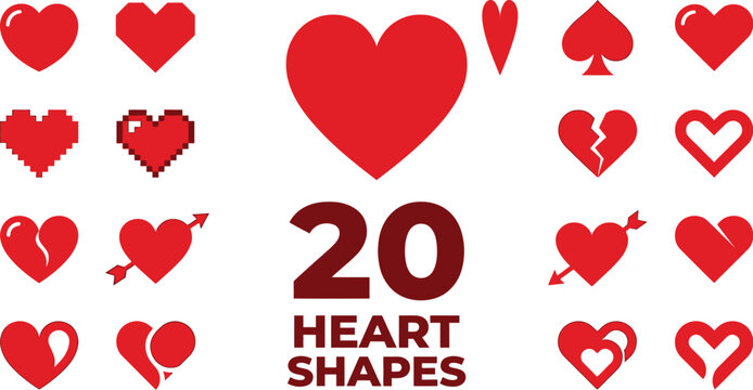 Heart shapes totaling twenty distinct red icons are presented in a grid layout for design inspiration.