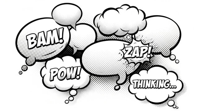 Comic Book Speech Bubbles with Sound Effects and Thoughts.