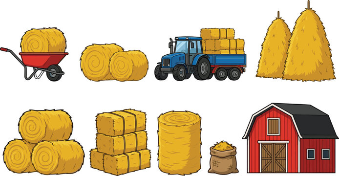 Farm Hay Bale and Agricultural Equipment Cartoon Set with Tractor, Barn, Wheelbarrow, and Straw Storage for Rural Harvest Illustrations