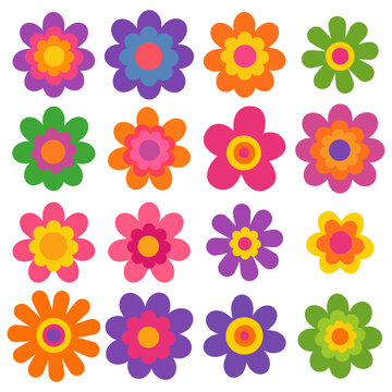 Retro 1960s and 70s style colorful flower icons representing peace, love, and summer joy. Hippie aesthetic floral elements for spring design (cut out)
