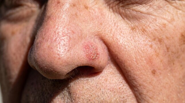 Close-up macro of an elderly man's nose with a scaly reddish lesion indicating early stage squamous cell carcinoma.