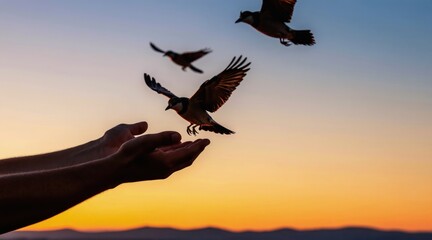 Fototapeta premium Hands open releasing birds into sunset sky. Nature scene at twilight symbolizes freedom, hope, and peace. Birds fly away over horizon at dusk.