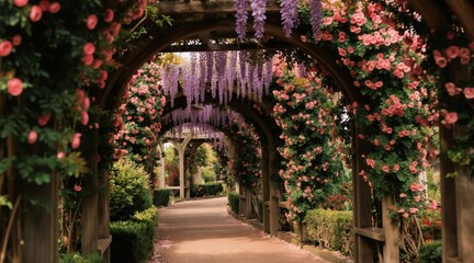 Fototapeta premium Wooden garden archway path covered with pink roses and purple wisteria flowers. Peaceful walkway lined with green bushes and trees in bloom during springtime.